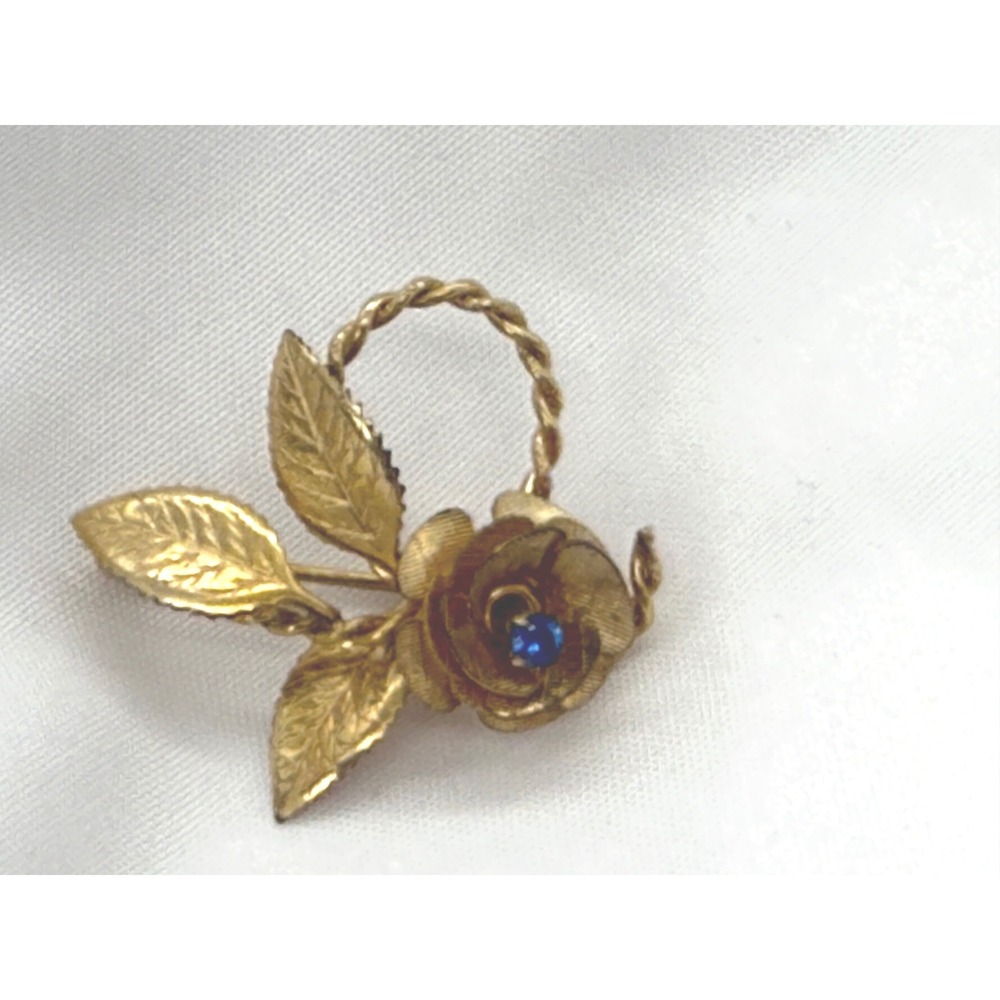 Vintage Gold Filled Rose Brooch Blue Stone Floral Pin